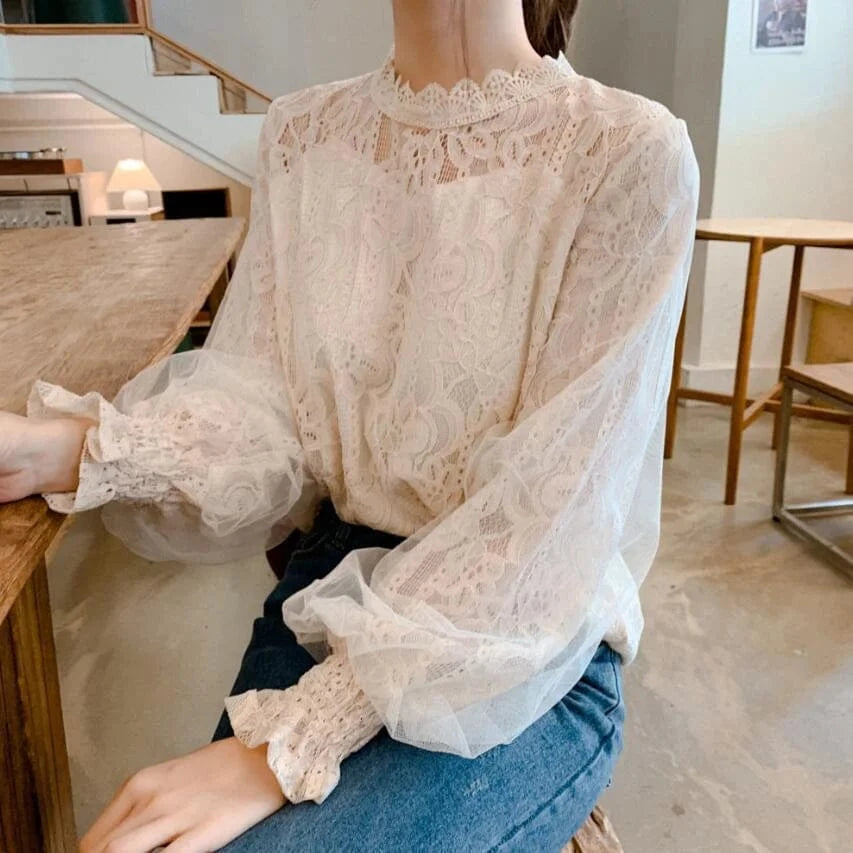 2024 Autumn Women Sweet Mesh Patchwork Women's Shirt With Loose Lace Embroidery Long Sleeve Solid Colors Blouse