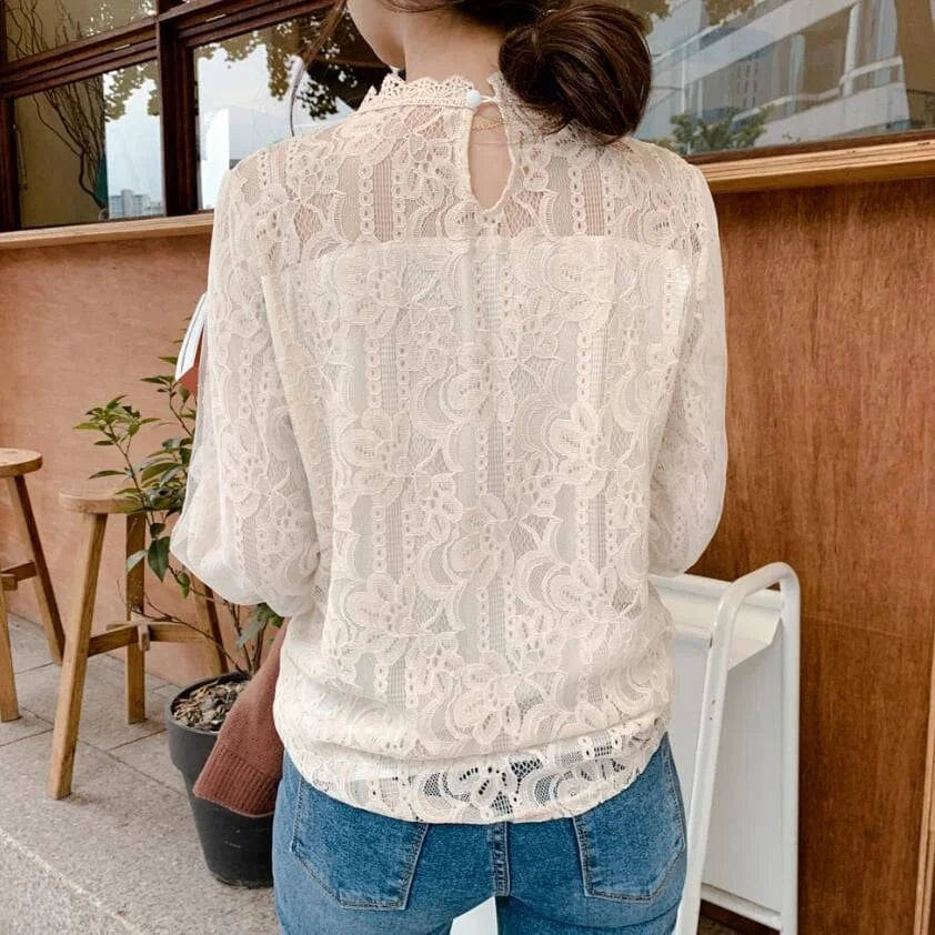 2024 Autumn Women Sweet Mesh Patchwork Women's Shirt With Loose Lace Embroidery Long Sleeve Solid Colors Blouse
