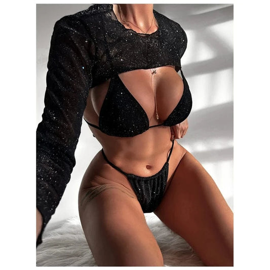 2024 Beachwear 3pcs with Long Sleeves Cover Up Bikini Bling Shinning Glitter Swimsuit Women's Split Separate Strap Swimwear