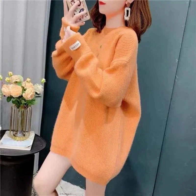 2024 best-selling spring and autumn high-quality fashion women's crew-neck solid color long-sleeved loose knit sweater