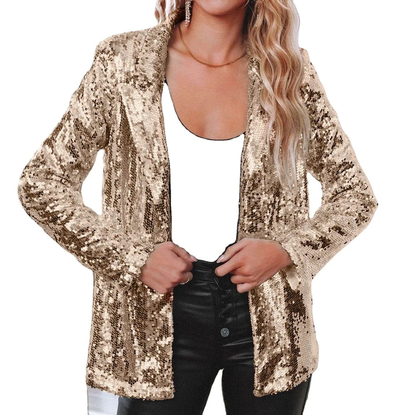 2024 Best-Selling Women Autumn and Spring Commuter Style Cardigan Collar Long Sleeved Sequined Casual Suit Jacket