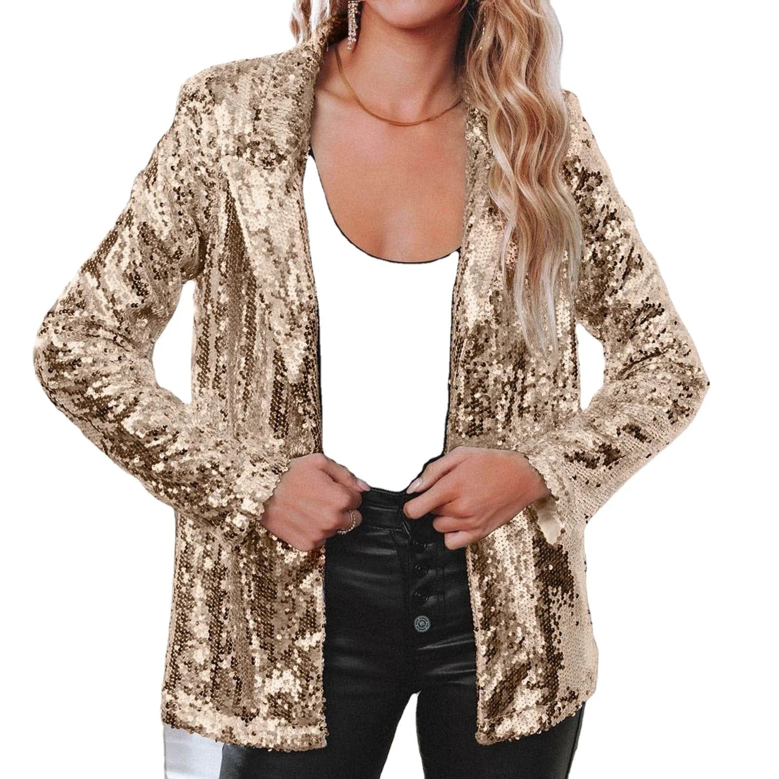 2024 Best-Selling Women Autumn and Spring Commuter Style Cardigan Collar Long Sleeved Sequined Casual Suit Jacket