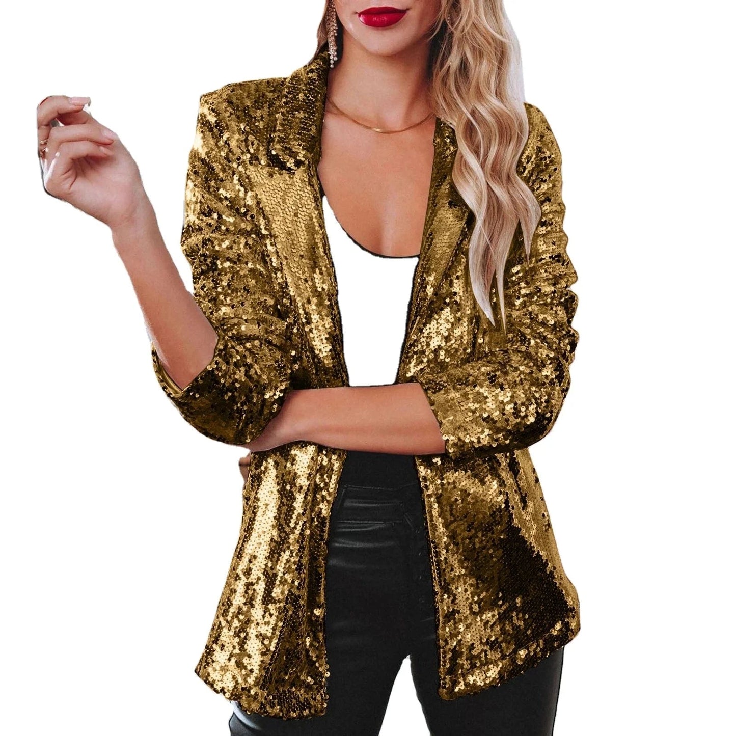 2024 Best-Selling Women Autumn and Spring Commuter Style Cardigan Collar Long Sleeved Sequined Casual Suit Jacket
