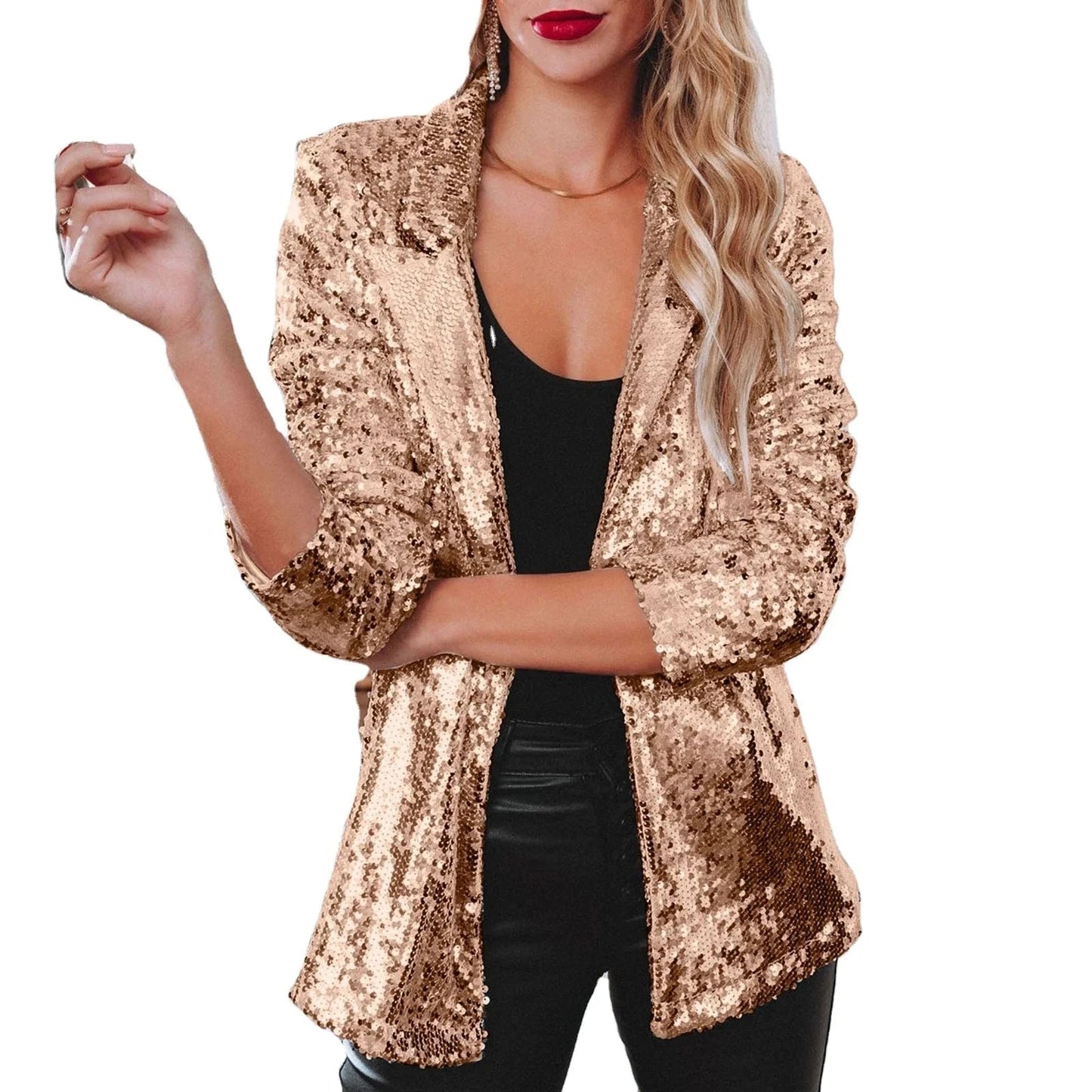 2024 Best-Selling Women Autumn and Spring Commuter Style Cardigan Collar Long Sleeved Sequined Casual Suit Jacket