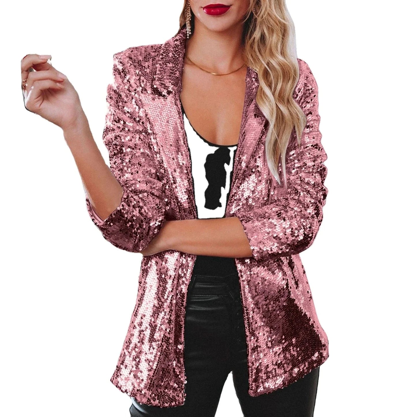 2024 Best-Selling Women Autumn and Spring Commuter Style Cardigan Collar Long Sleeved Sequined Casual Suit Jacket