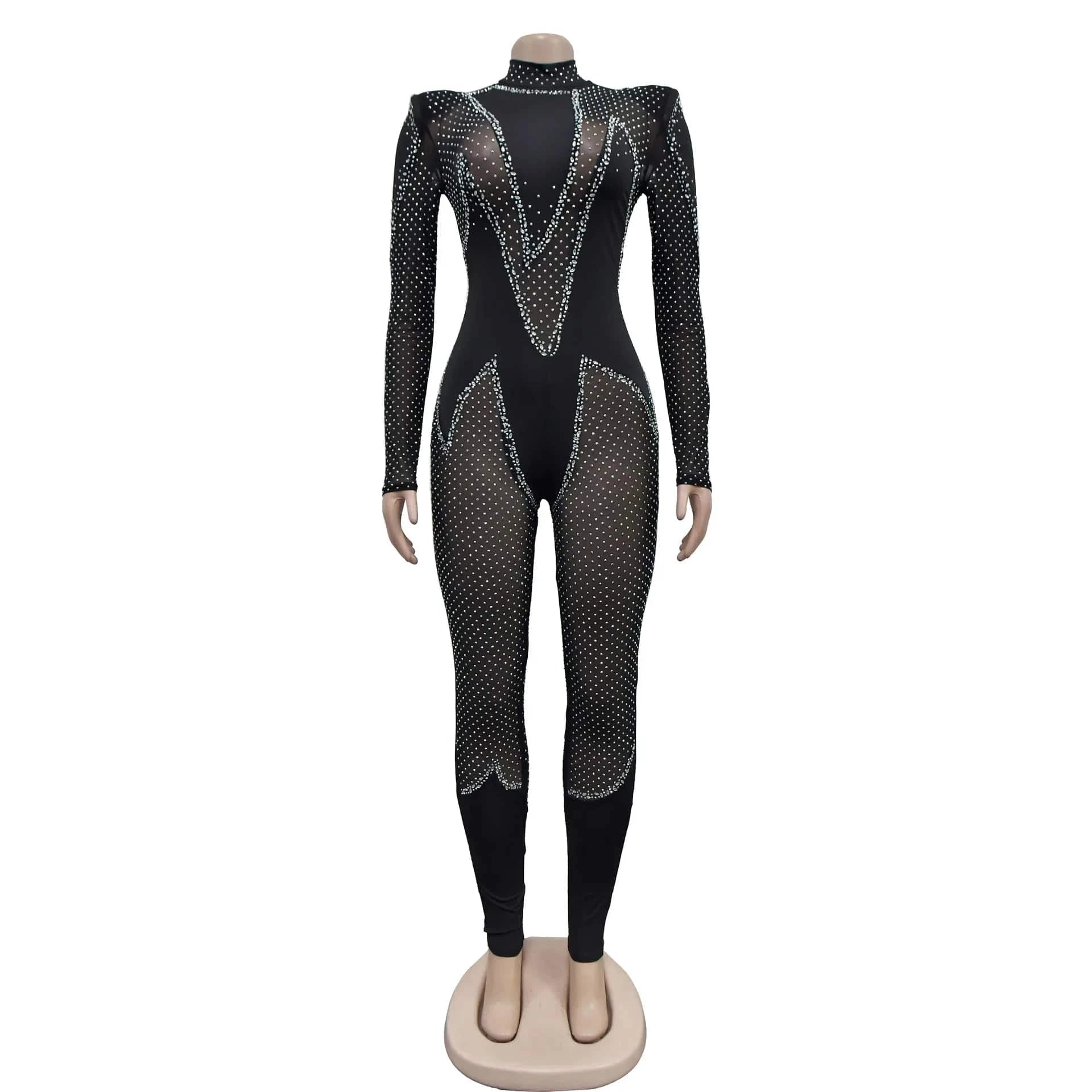 2024 black sexy party rhinestone mesh see through skinny jumpsuit womens tight jumpsuits