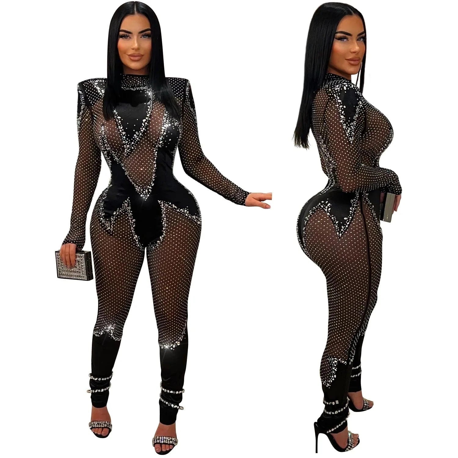 2024 black sexy party rhinestone mesh see through skinny jumpsuit womens tight jumpsuits