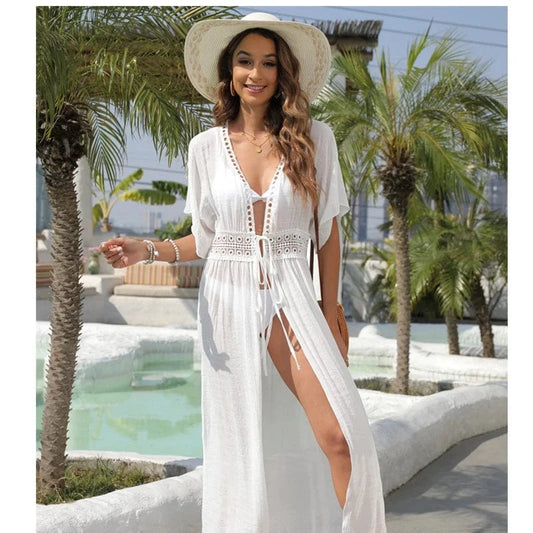 2024 Bohemian Bikini Cover-ups Retro Self Belted Women Long Kimono Dress Beach Wear Lace contrast Cover Up Manufacturer