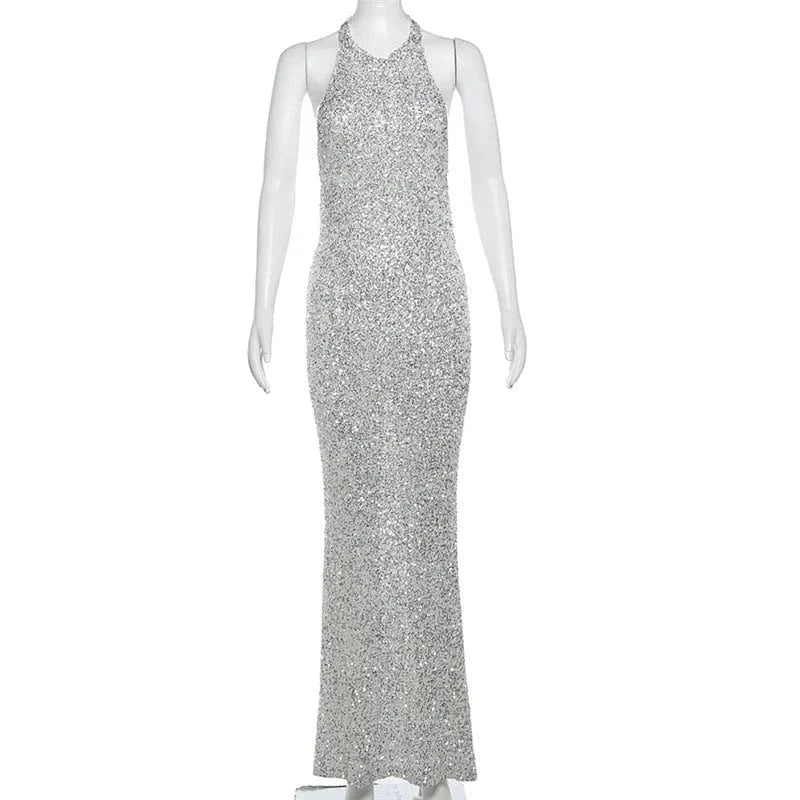 2024 Boutique Women Sleeveless Elegant Midi Dress Sequin Silver Sexy Slim Dresses Party Ladies Dress