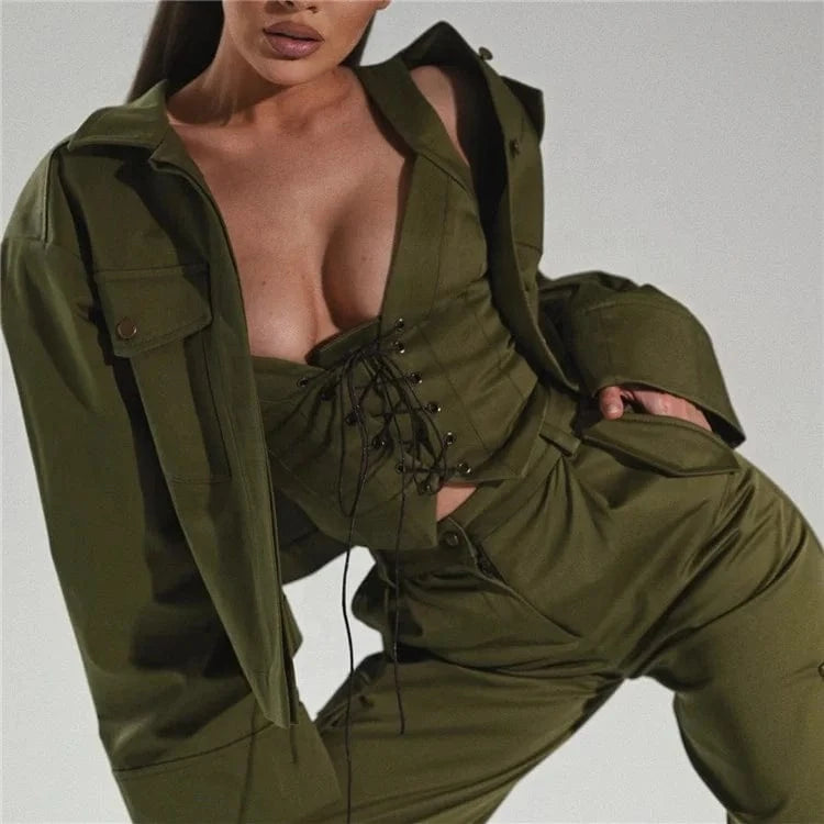 2024 Casual Jacket&Lace UpTank Tops& Binding Pants Set High Street Women Three Piece Outfits