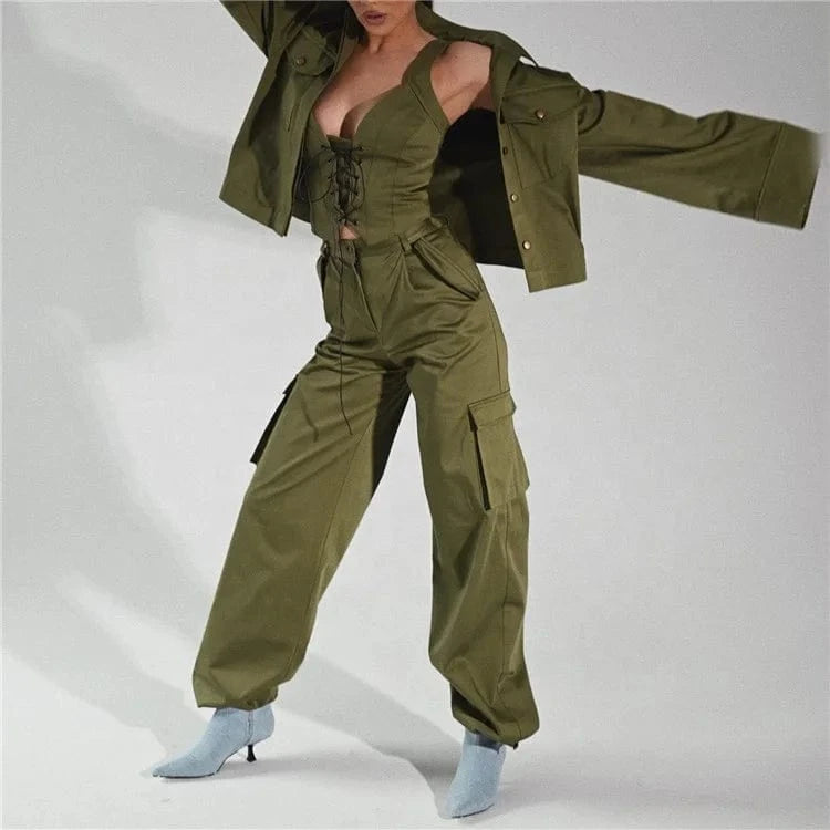 2024 Casual Jacket&Lace UpTank Tops& Binding Pants Set High Street Women Three Piece Outfits