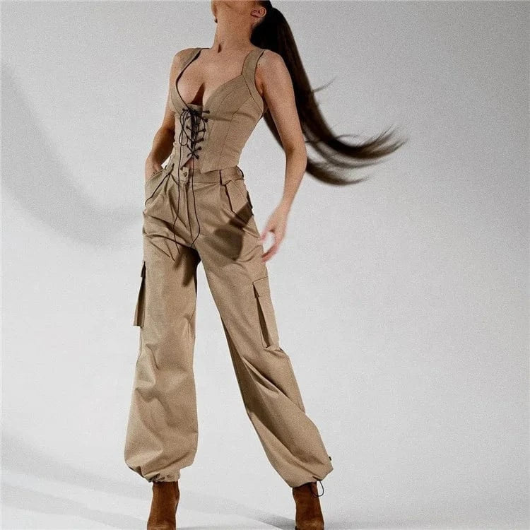 2024 Casual Jacket&Lace UpTank Tops& Binding Pants Set High Street Women Three Piece Outfits