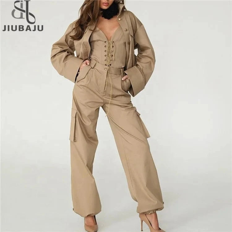 2024 Casual Jacket&Lace UpTank Tops& Binding Pants Set High Street Women Three Piece Outfits