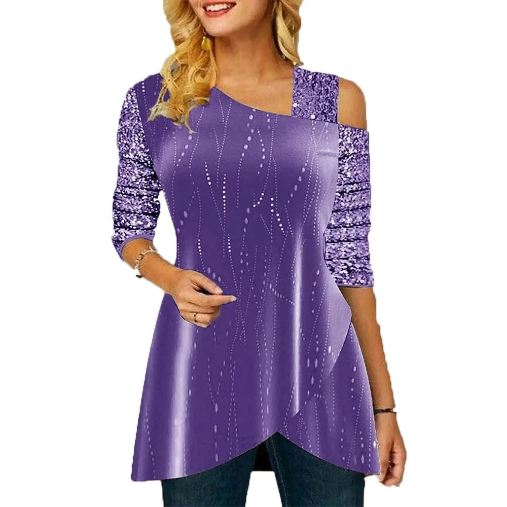 2024 Casual Spring Summer Women Sequin Shirts Blouses Vintage Print  Skew Collar Long Sleeve Elegant Loose Party Top