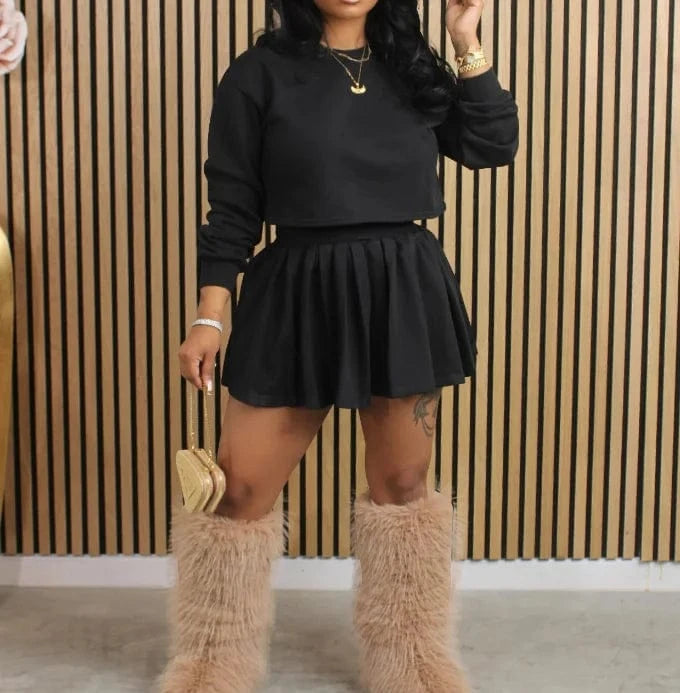 2024 casual women 2 pieces sets long sleeve hollow crop tops and pleated skirts suits streetwear tracksuits