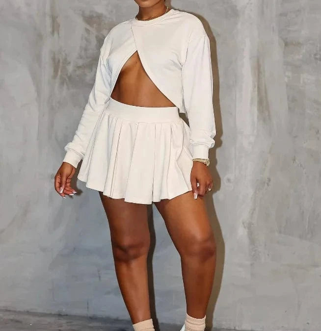 2024 casual women 2 pieces sets long sleeve hollow crop tops and pleated skirts suits streetwear tracksuits