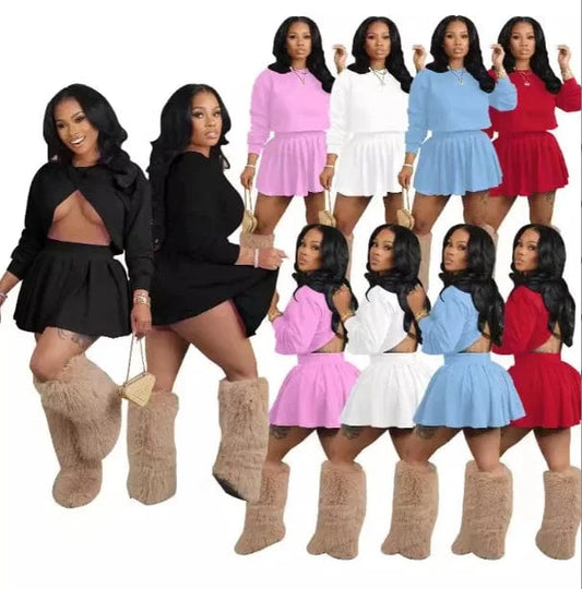 2024 casual women 2 pieces sets long sleeve hollow crop tops and pleated skirts suits streetwear tracksuits