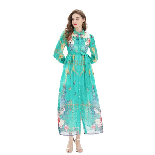 2024 Chiffon printed long sleeved large skirt with a waist up dress - two-piece set XY2042083