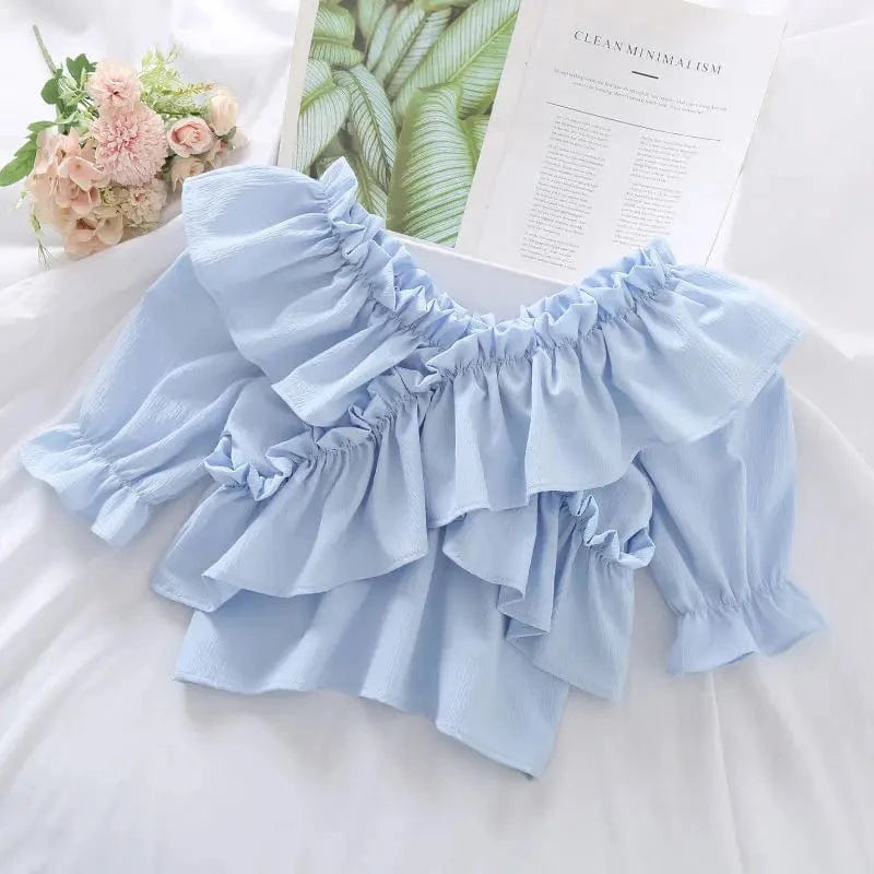 2024 Chiffon Thin Ruffled Zipper Summer Small Fragrance Style All-Matching Line Neck Women's Short-Sleeved New Shirt