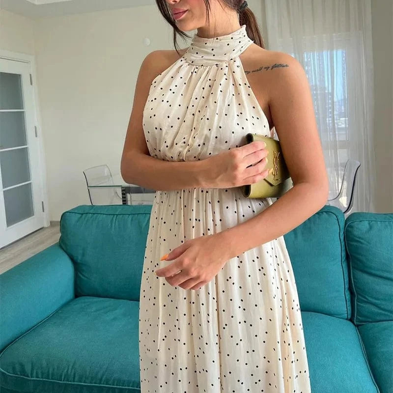 2024 Clothing Factory Casual Street Style Ethnic Fashion Women Halter Polka Dot Print Maxi Dress