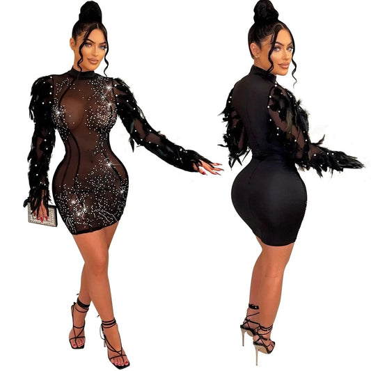 2024 Club Dresses Sexy Women Clothing Feather Long Sleeve Fashion Rhinestone Mesh Sexy Party Club Birthday Dress for Ladies
