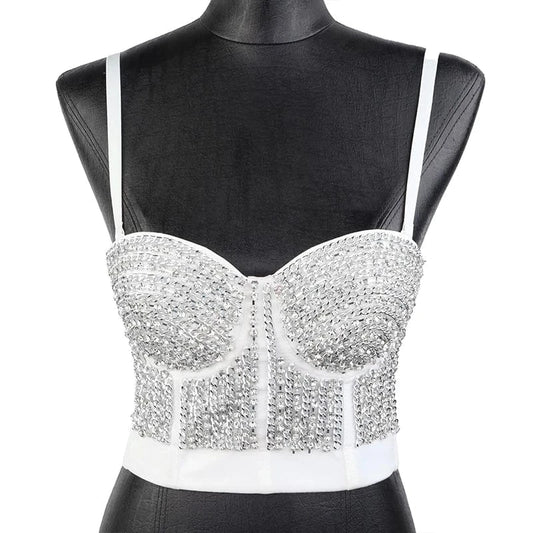2024 Corset Top Women Pearls Decoration Sexy Sleeveless Pearls Bustier Push Up Night Club Bralette Bra