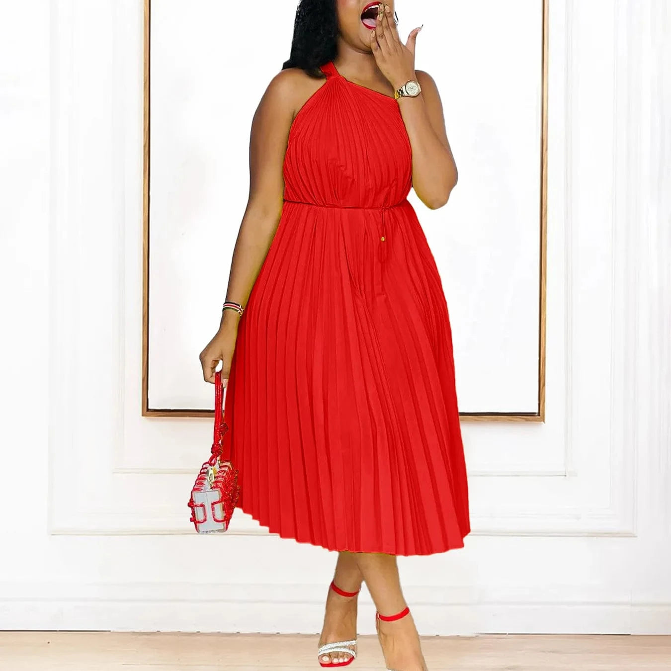 2024 Custom Dresses Women Slash Shoulder Big Swing Strap Pleated Dress Solid Color Summer Dresses