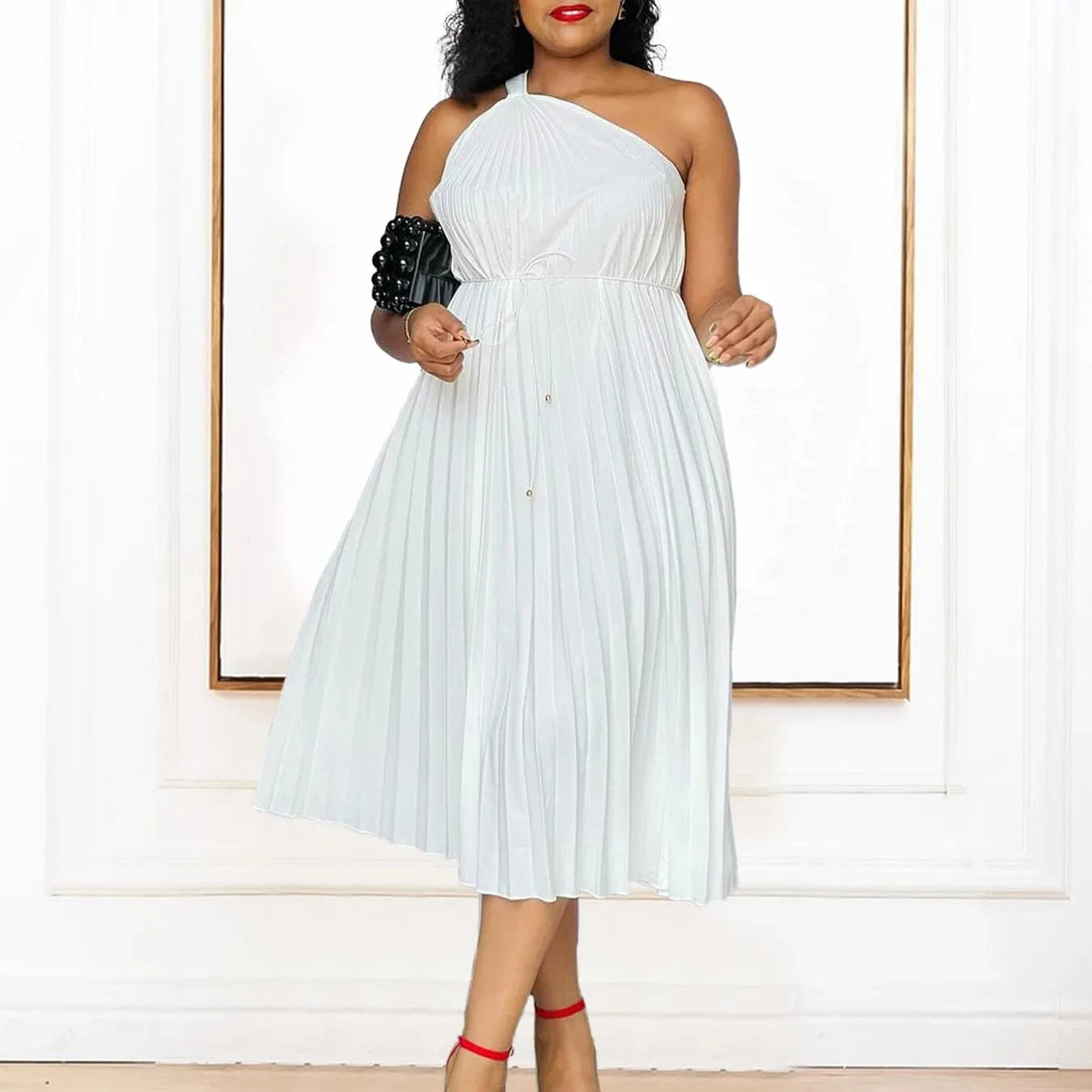 2024 Custom Dresses Women Slash Shoulder Big Swing Strap Pleated Dress Solid Color Summer Dresses