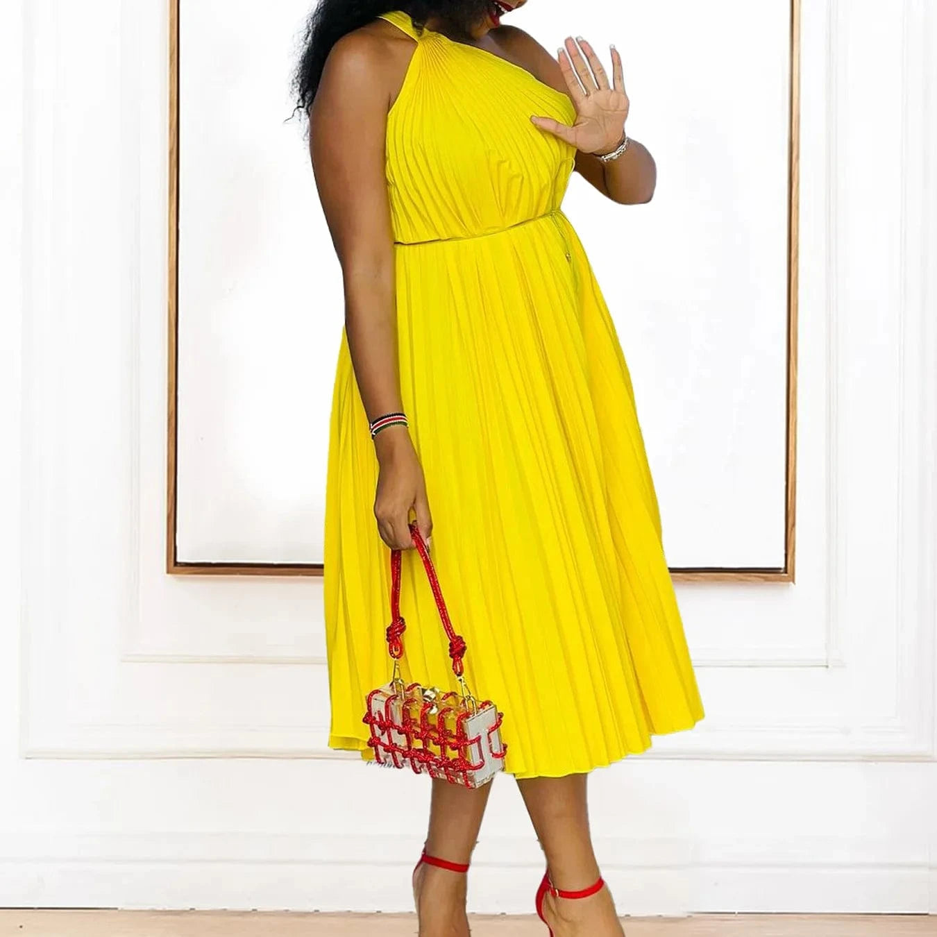 2024 Custom Dresses Women Slash Shoulder Big Swing Strap Pleated Dress Solid Color Summer Dresses