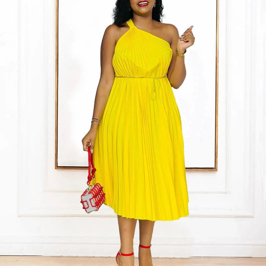 2024 Custom Dresses Women Slash Shoulder Big Swing Strap Pleated Dress Solid Color Summer Dresses