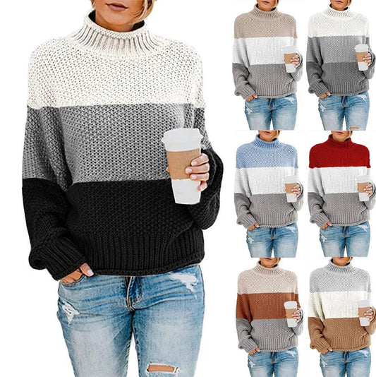 2024 Custom Logo OEM & ODM ladies Turtleneck Knitwear Pullover Striped Knit Jumpers Cotton Plus Size Knitted Women's Sweater
