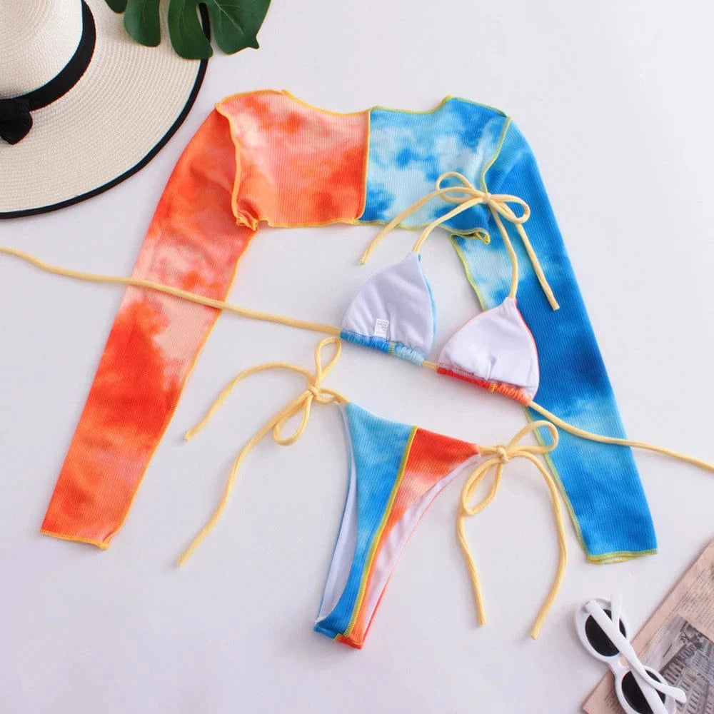 2024 Custom Make Your Own Swimwear Women Strappy Tie Dye 3 Piece Micro String Bikini Long Sleeve Cover Up Swimsuit Beachwear