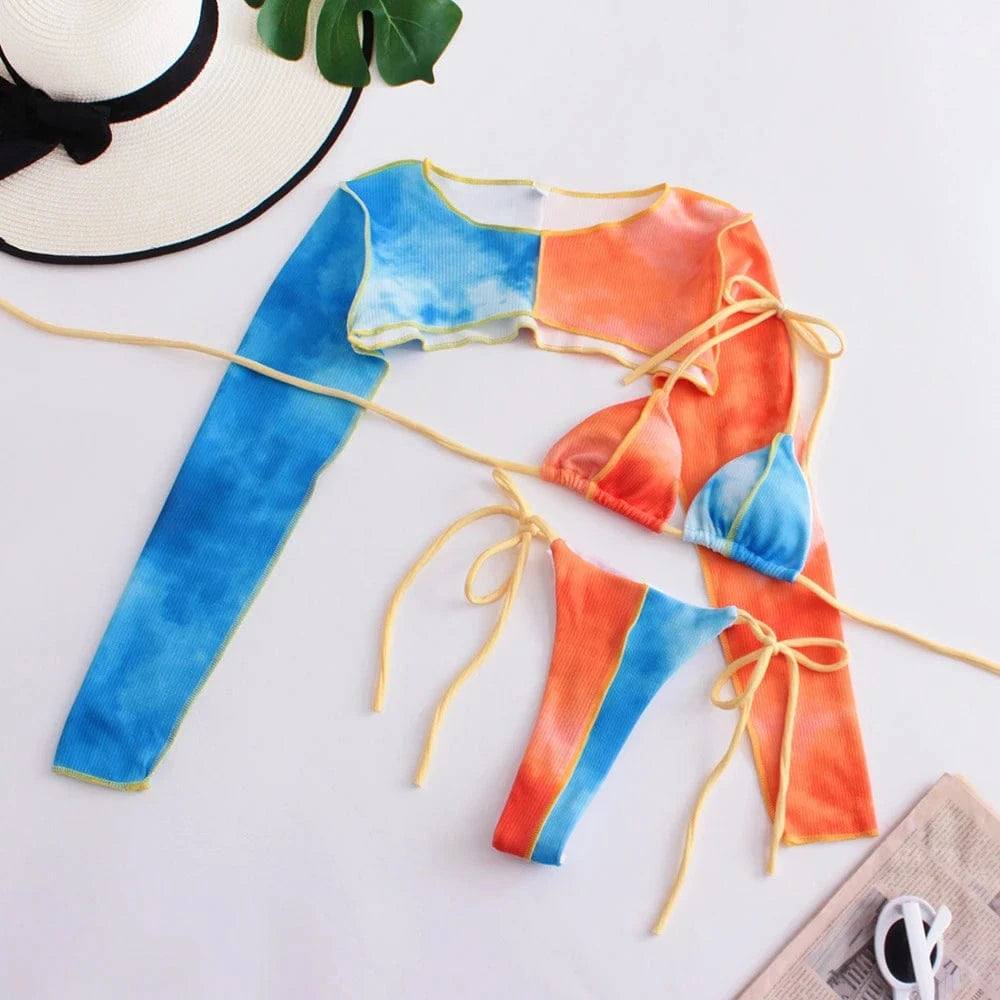 2024 Custom Make Your Own Swimwear Women Strappy Tie Dye 3 Piece Micro String Bikini Long Sleeve Cover Up Swimsuit Beachwear