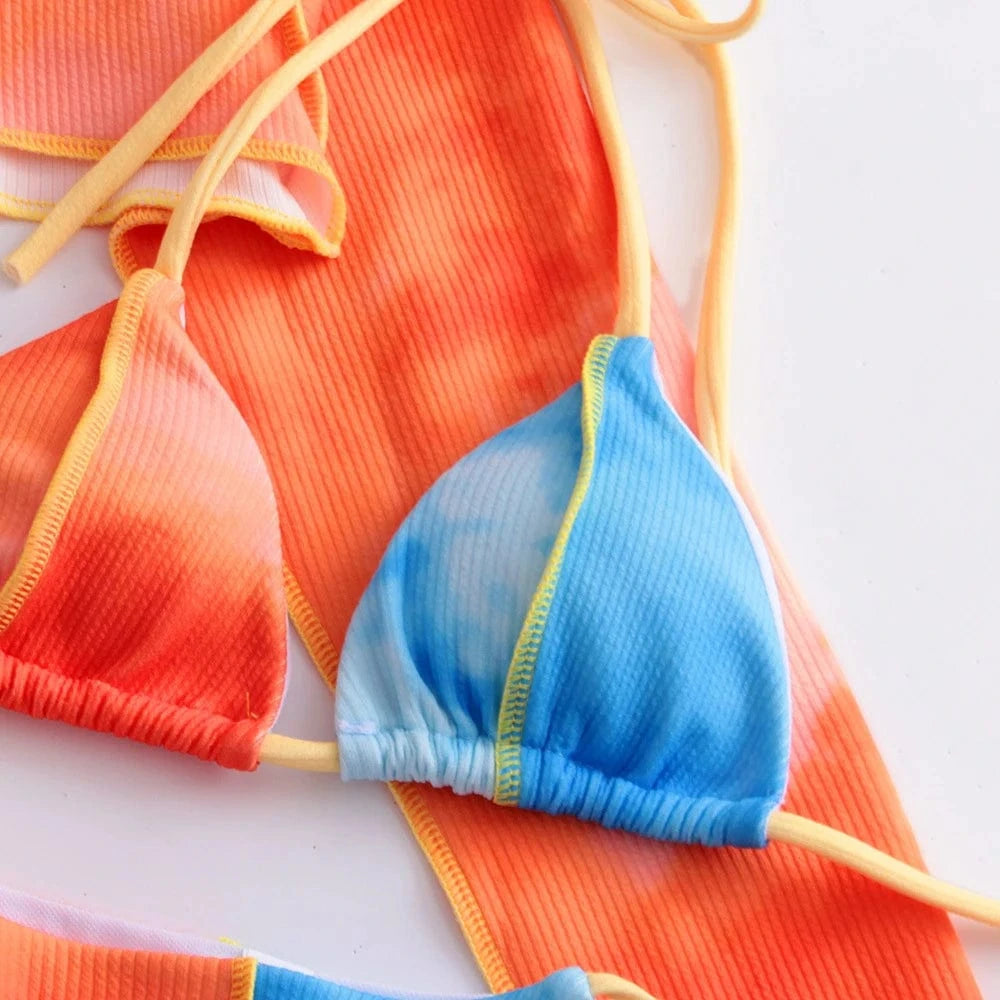 2024 Custom Make Your Own Swimwear Women Strappy Tie Dye 3 Piece Micro String Bikini Long Sleeve Cover Up Swimsuit Beachwear