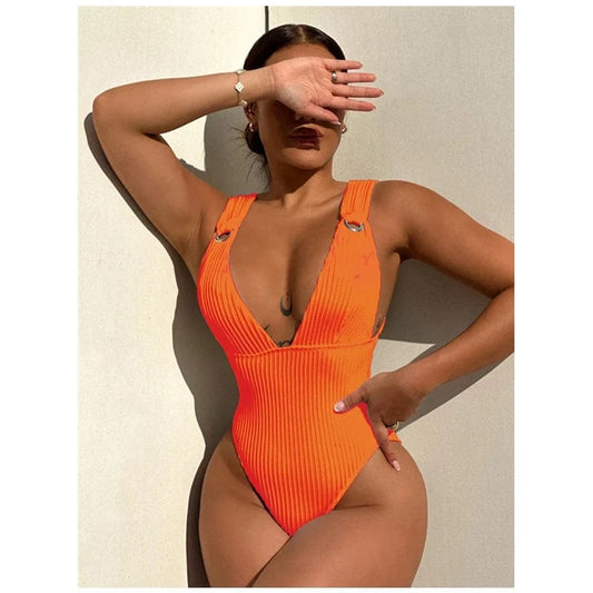 2024 Custom Sexy Swimwear Deep V Neck Ribbed One Piece Swimsuit Women Monokini High Leg Cut Bather Bathing Suit