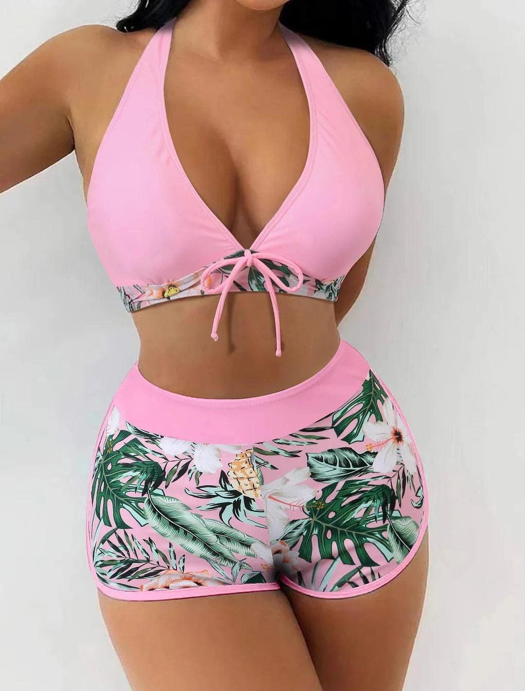 2024 Custom Two Piece Female Leaves Printed High Waist Bikini Set Women Halter Neck Padded Swimwear Push Bra Pads Swimsuit
