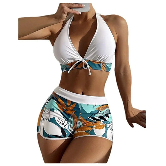 2024 Custom Two Piece Female Leaves Printed High Waist Bikini Set Women Halter Neck Padded Swimwear Push Bra Pads Swimsuit