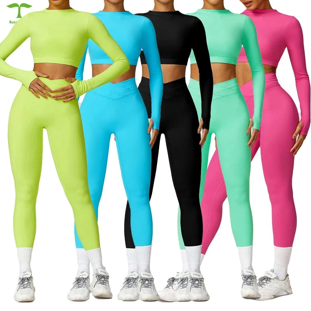 2024 Custom Wholesale Fitness Gym Shorts Women Yoga Bra Leggings Women Long-Sleeved top 2 Piece Yoga Sets Gym Fitness Sets