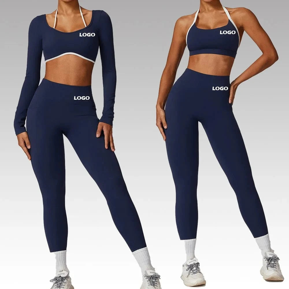 2024 Custom Women's Workout sets Bra for women Backless High Waist Long-sleeved top Women sportswear Leggings 2 Pieces Yoga set