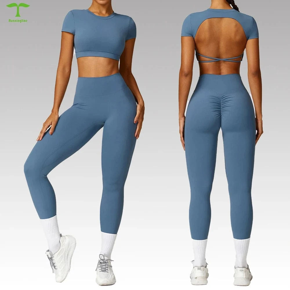2024 Custom Women Sportswear Scrunch butt Backless High Waist Removable pads 2 Pieces Sports Workout Suit Yoga Gym Leggings Set
