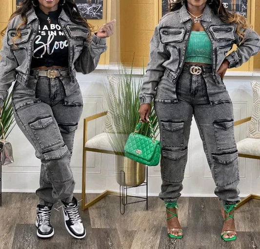 2024 Denim Outfit Street Wear Casual Cargo Denim Jackets Women's Jeans Sets