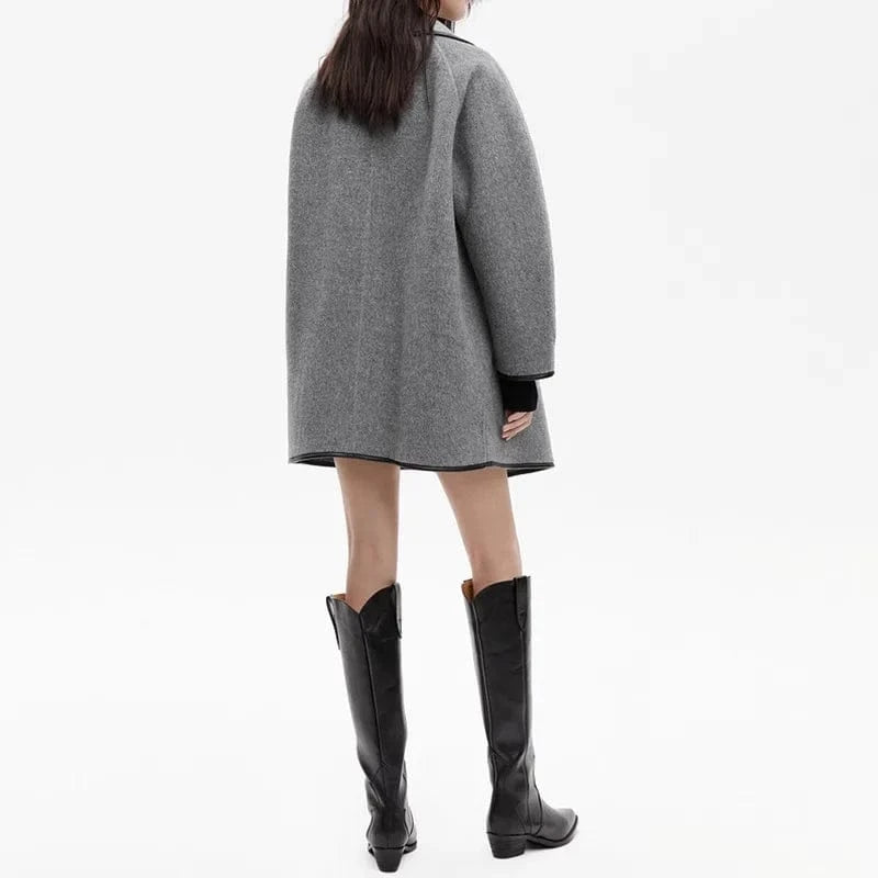 2024 Designed Patchwork Winter Both Side Long Sleeve Double-breasted All Match Women Wool Solid Loose Gray Coat