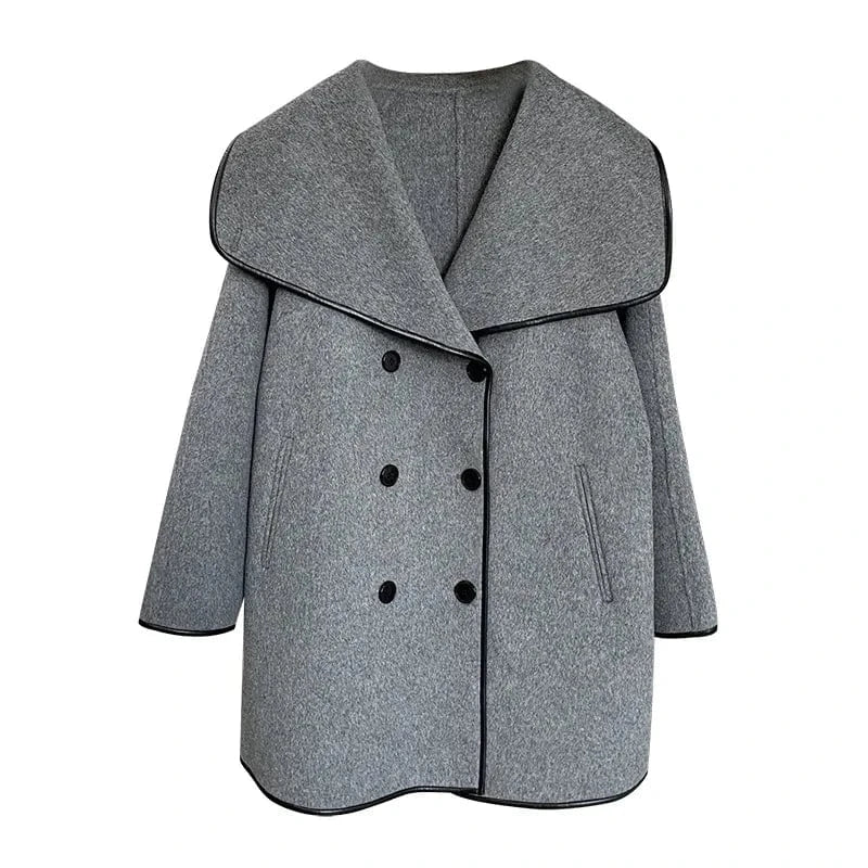 2024 Designed Patchwork Winter Both Side Long Sleeve Double-breasted All Match Women Wool Solid Loose Gray Coat