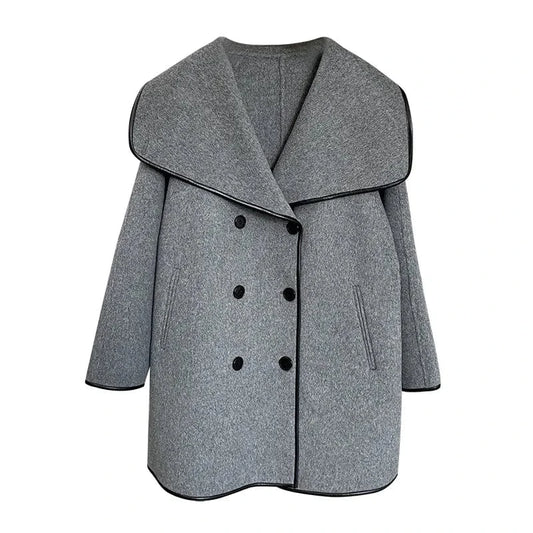 2024 Designed Patchwork Winter Both Side Long Sleeve Double-breasted All Match Women Wool Solid Loose Gray Coat
