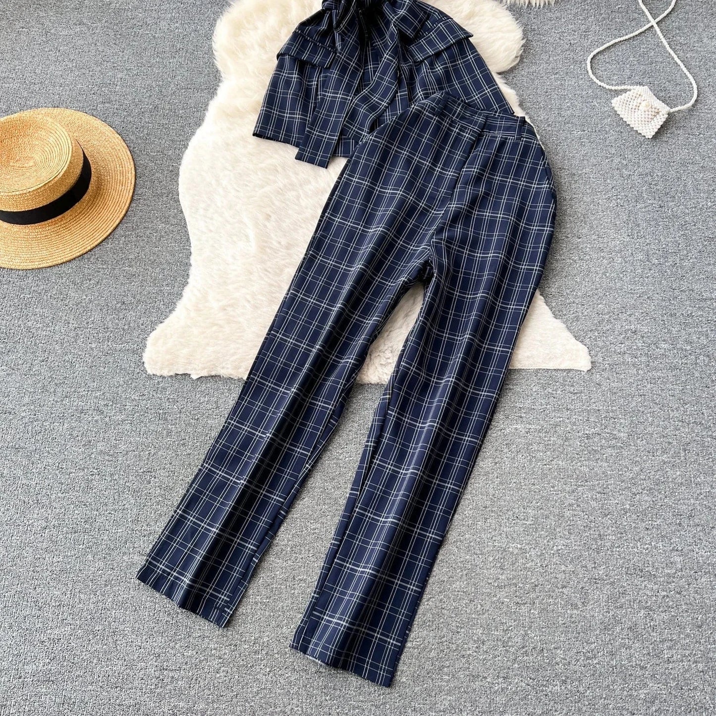 2024 Double Breasted Plaid Lace Up Top Blazer Suits Set For Women For Office