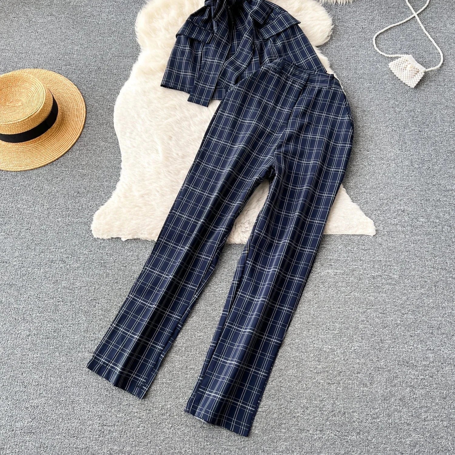 2024 Double Breasted Plaid Lace Up Top Blazer Suits Set For Women For Office