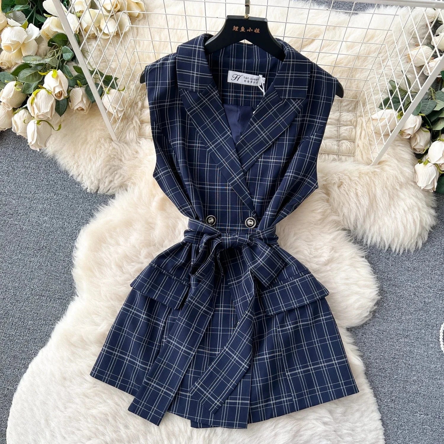 2024 Double Breasted Plaid Lace Up Top Blazer Suits Set For Women For Office
