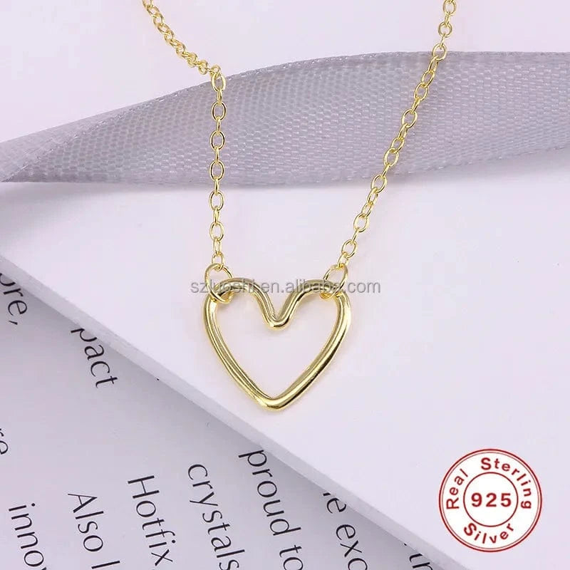 2024 Drop Shipping Simple 925 Sterling Silver Gold Plated Hollow Love Heart Pendant Clavicle Necklace For Women Gift