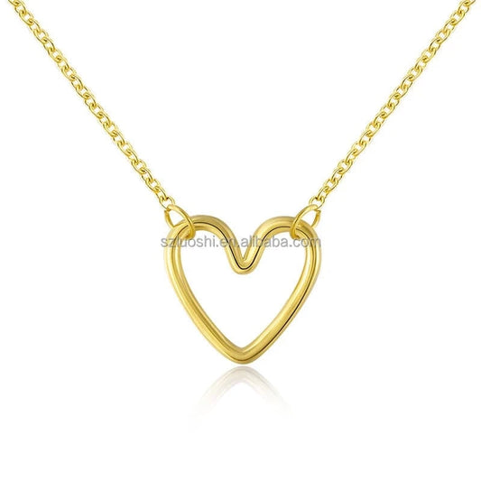 2024 Drop Shipping Simple 925 Sterling Silver Gold Plated Hollow Love Heart Pendant Clavicle Necklace For Women Gift