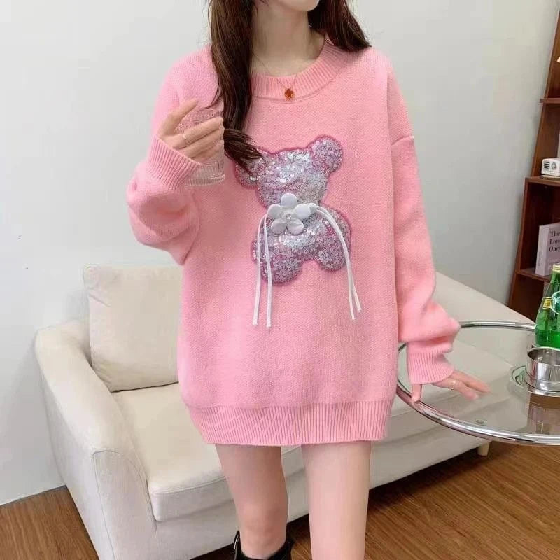 2024 early spring fashionable women new arrival round neck loose fit luxury high quality bear beading pullover sweater